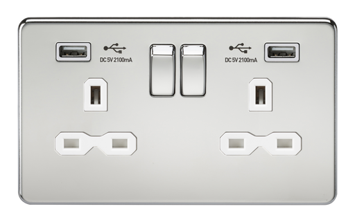 Knightsbridge SFR9224PCW Screwless 13A 2G Switched Socket With Dual USB Charger - Polished Chrome With White Insert Socket Knightsbridge - Sparks Warehouse