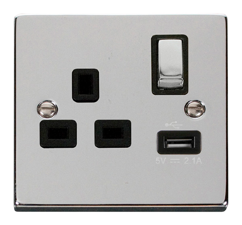 Scolmore VPCH571BK - 13A 1G Ingot Switched Socket With 2.1A USB Outlet - Black Deco Scolmore - Sparks Warehouse
