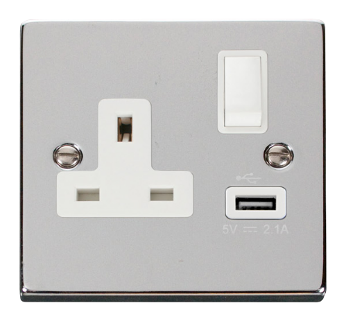 Scolmore VPCH771WH - 13A 1G Switched Socket With 2.1A USB Outlet - White Deco Scolmore - Sparks Warehouse