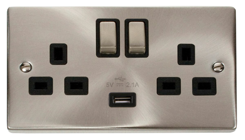 Scolmore VPSC570BK - 13A 2G Ingot Switched Socket With 2.1A USB Outlet (Twin Earth) - Black Deco Scolmore - Sparks Warehouse