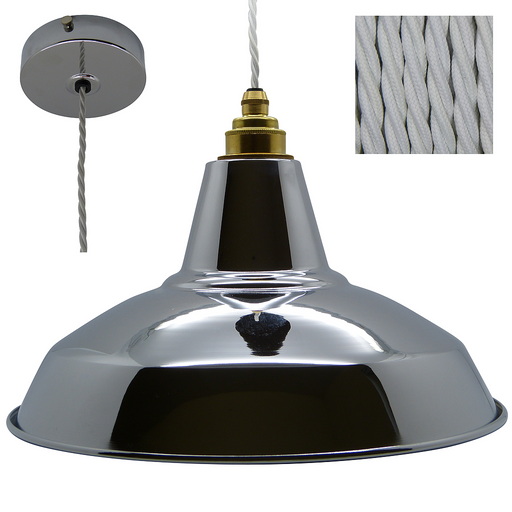 NED Industrial Shade Pendant Set 1mtr. Chrome Shade, Chrome Rose, Twisted White Flex Pendant Lights Lampfix - Sparks Warehouse