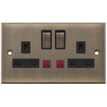 Selectric 5M Antique Brass 2 Gang 13A DP Switched Socket with Neon and Black Insert
