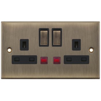 Selectric 5M Antique Brass 2 Gang 13A DP Switched Socket with Neon and Black Insert