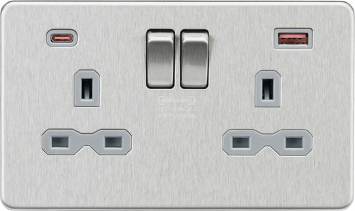 Knightsbridge Screwless Brushed Chrome SFR9945BCG 13A 2G DP Switched Socket with Dual USB A+C [45W FASTCHARGE] - Grey Inserts Knightsbridge Screwless Flat Plate Brushed Chrome Knightsbridge - Sparks Warehouse