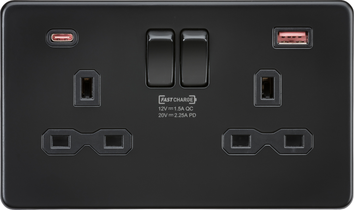 Knightsbridge Screwless Matt Black SFR9945MBB 13A 2G DP Switched Socket with Dual USB A+C [45W FASTCHARGE] - Matt Black Knightsbridge Screwless Flat Plate Matt Black Knightsbridge - Sparks Warehouse