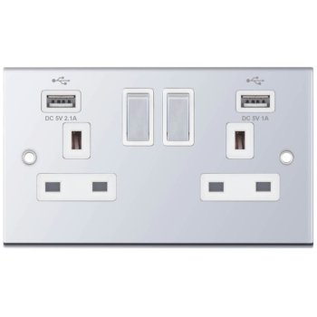 Selectric 5M Polished Chrome 2 Gang 13A Switched Socket with USB Outlet and White Insert