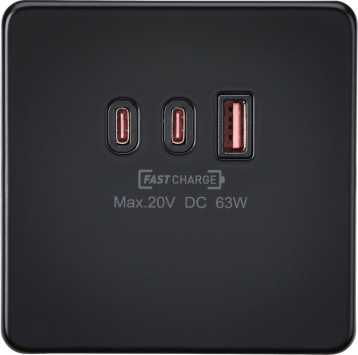 Knightsbridge SF63WMB 230V Triple USB Charger Plate 2xUSB-C 1xUSB-A [20V DC Max. 63W] - Matt Black