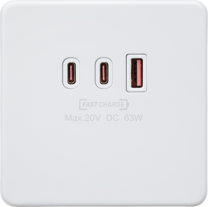 Knightsbridge SF63WMW 230V Triple USB Charger Plate 2xUSB-C 1xUSB-A [20V DC Max. 63W] - Matt White