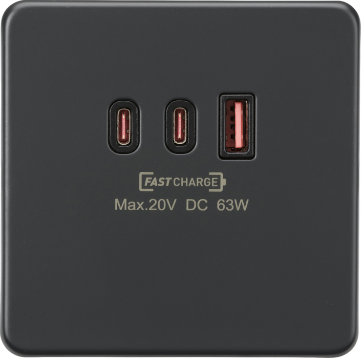 Knightsbridge SF63WAT 230V Triple USB Charger Plate 2xUSB-C 1xUSB-A [20V DC Max. 63W] - Anthracite