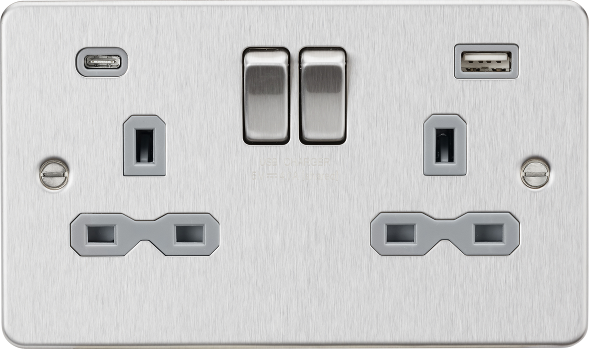 Knightsbridge FPR9940BCG 13A 2G SP Switched Socket with Dual USB A+C (5V DC 4.0A shared) - Brushed Chrome with Grey Insert