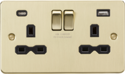 Knightsbridge FPR9940BB 13A 2G SP Switched Socket with Dual USB A+C (5V DC 4.0A shared) - Brushed Brass with black Insert