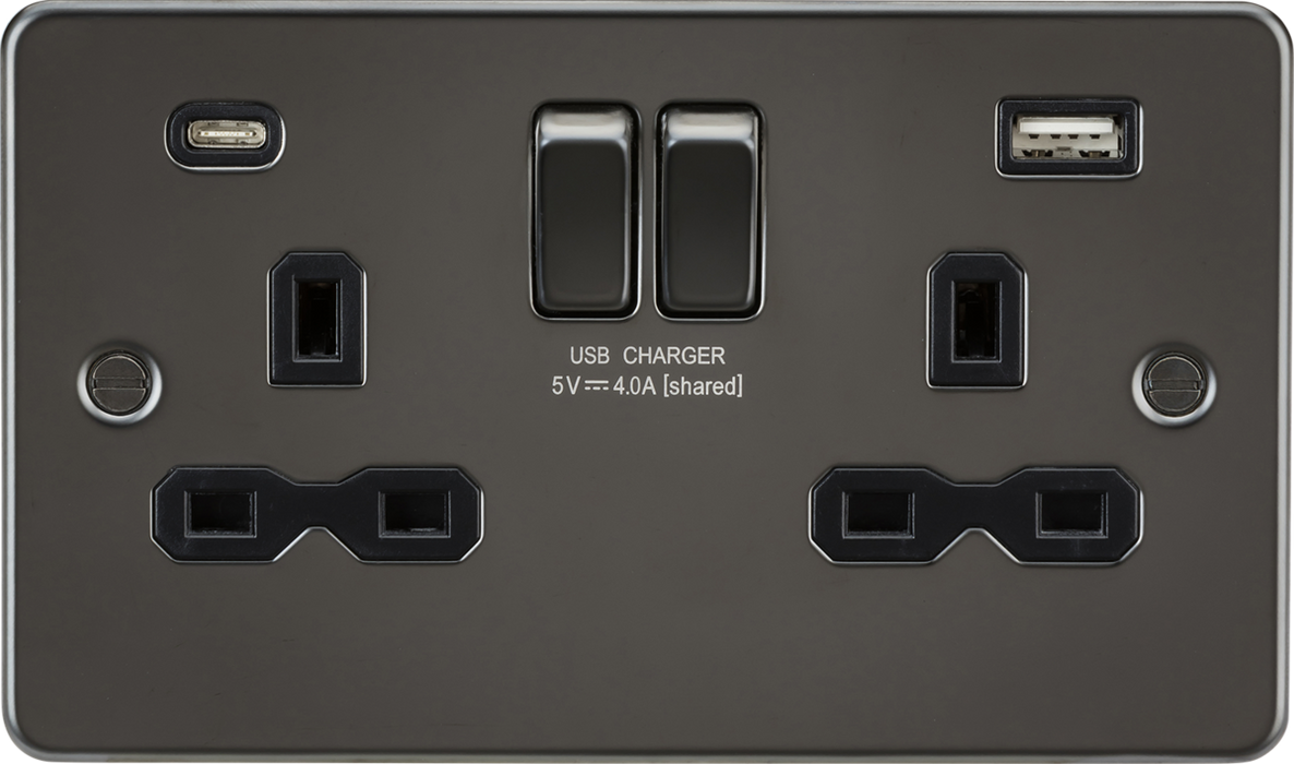 Knightsbridge FPR9940GM 13A 2G SP Switched Socket with Dual USB A+C (5V DC 4.0A shared) - Gunmetal with Black Insert