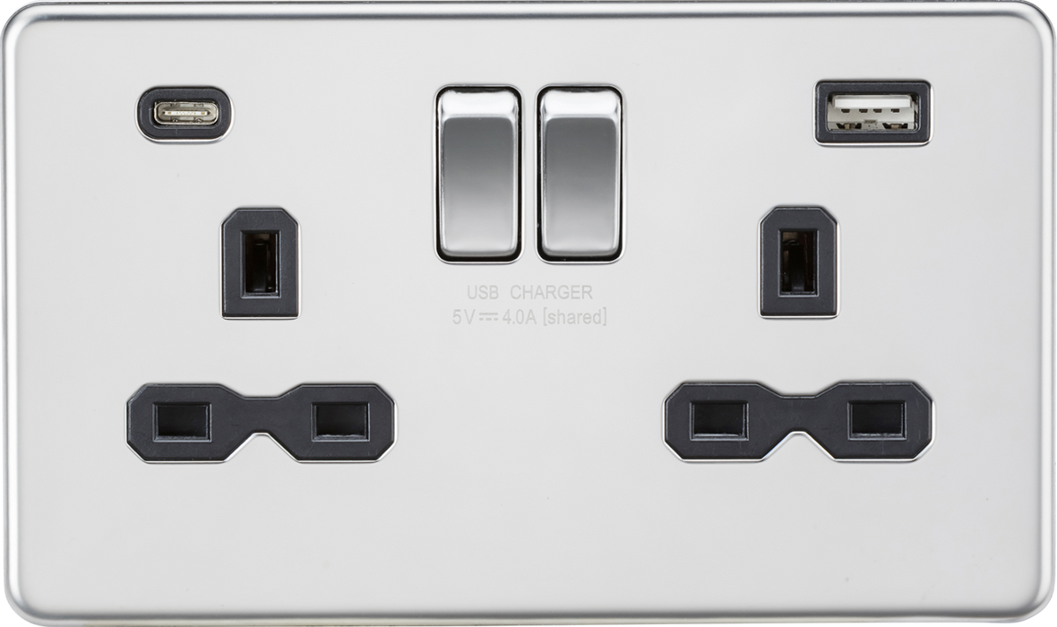 Knightsbridge SFR9940PC 13A 2G SP Switched Socket with Dual USB A+C (5V DC 4.0A shared) - Polished Chrome with Black Insert