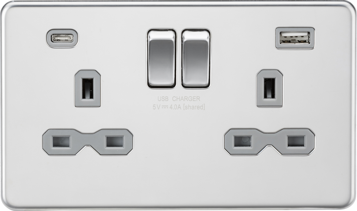 Knightsbridge SFR9940PCG 13A 2G SP Screwless Switched Socket with Dual USB A+C (5V DC 4.0A shared) - Polished Chrome with Grey Insert