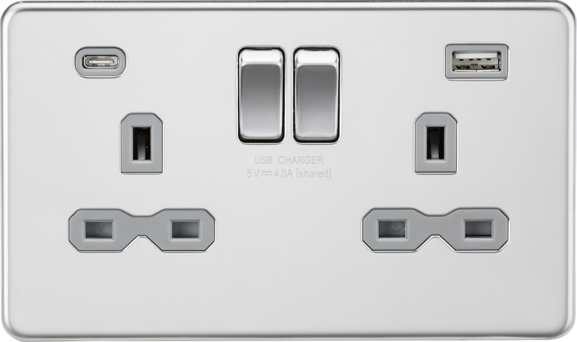 Knightsbridge SFR9940PCG 13A 2G SP Switched Socket with Dual USB A+C (5V DC 4.0A shared) - Polished Chrome with Grey Insert