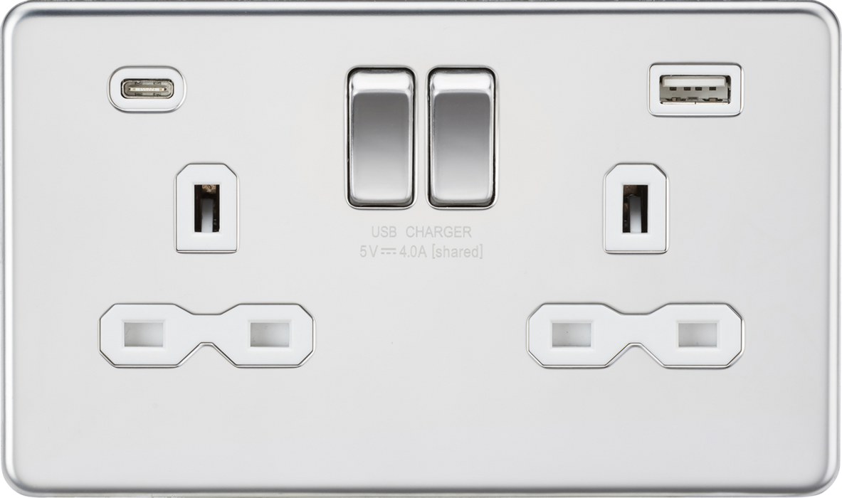 Knightsbridge SFR9940PCW 13A 2G SP Switched Socket with Dual USB A+C (5V DC 4.0A shared) - Polished Chrome with White Insert