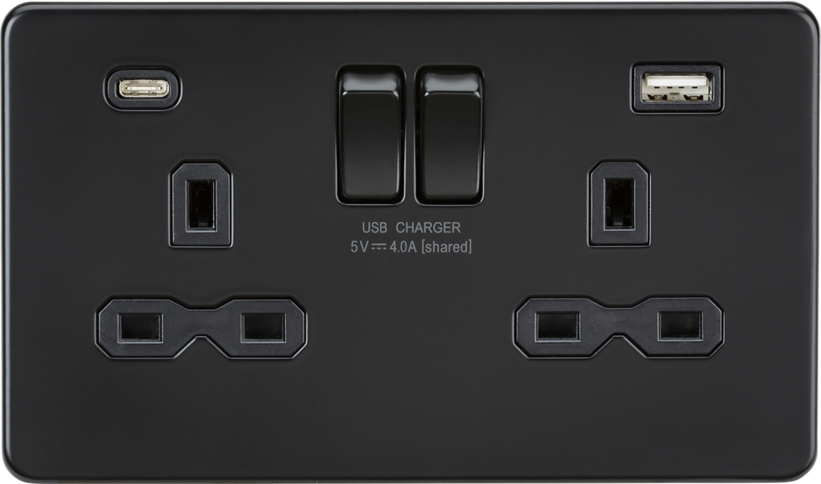 Knightsbridge SFR9940MBB 13A 2G SP Switched Socket with Dual USB A+C 4A shared - Matt Black with Black Insert