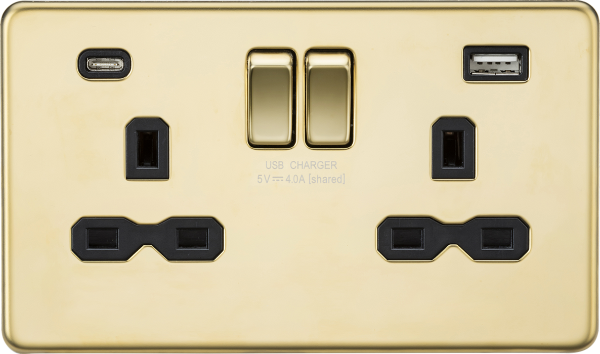 Knightsbridge SFR9940PB Flat Plate Screwless 13A 2G Switched Socket Twin USB- Polished Brass - Black Inserts
