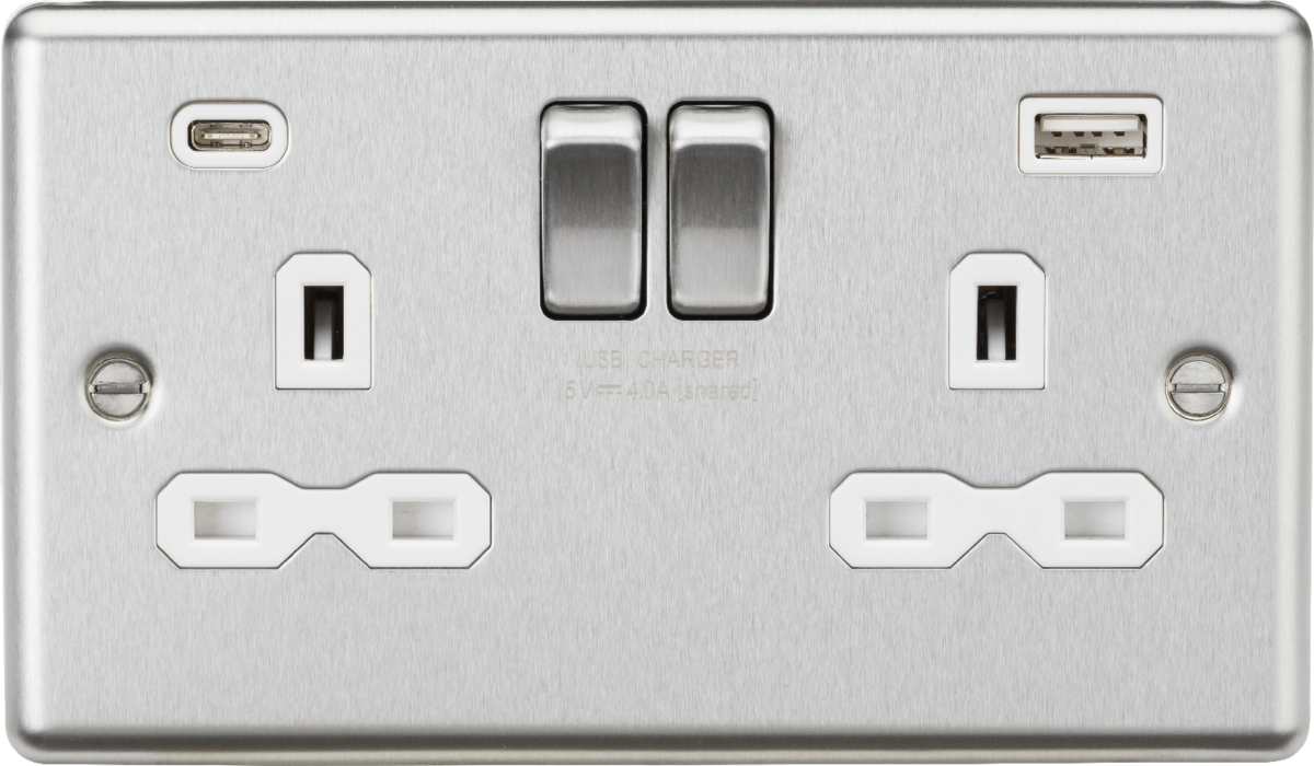 Knightsbridge CL9940BCW 13A 2G SP Switched Socket with dual USB C+A 5V DC 4.0A [shared] - Brushed Chrome with white insert