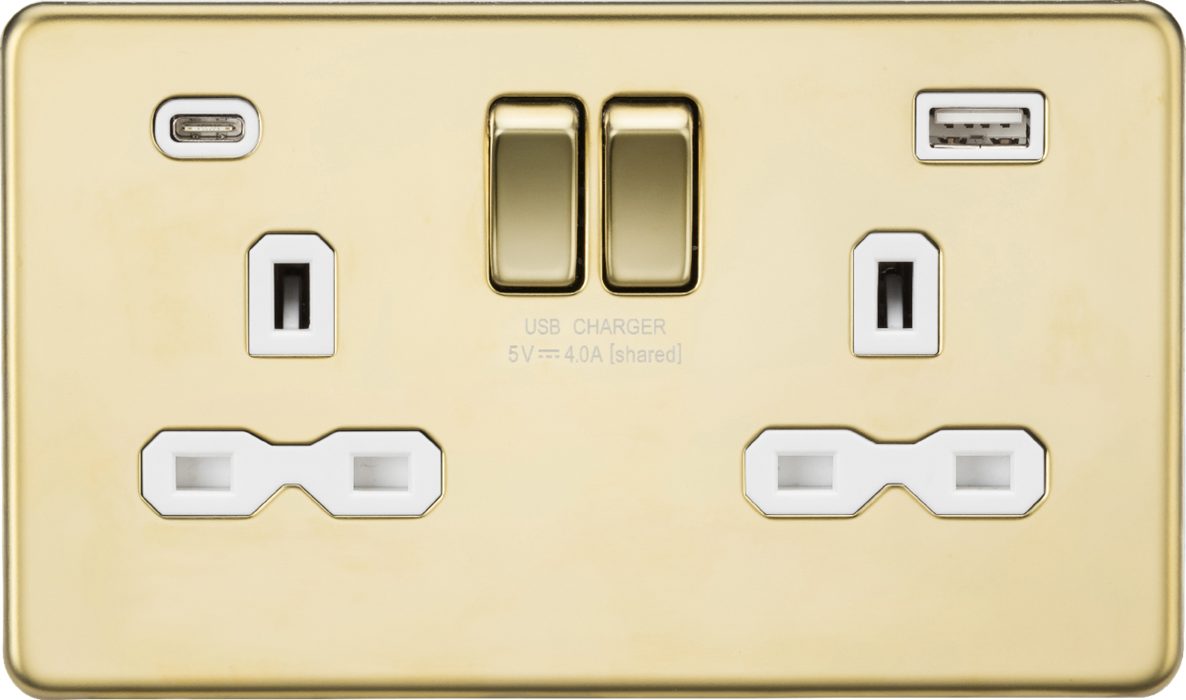 Knightsbridge SFR9940PBW 13A 2G SP Switched Socket with Dual USB A+C (5V DC 4.0A shared) - Polished Brass with White Insert