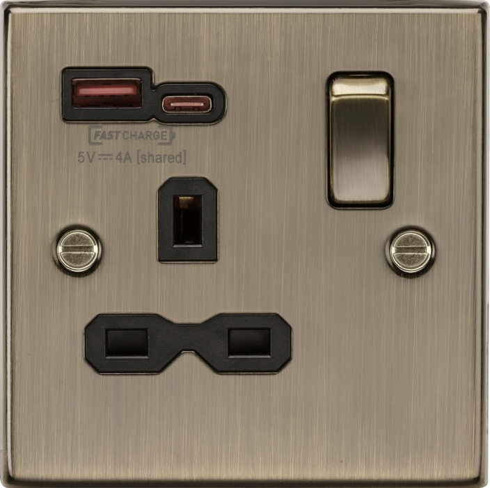 Knightsbridge CS9919AB 1G SP Switched Socket with dual USB Charger A+C [Max. 18W QC/PD FASTCHARGE] - Antique Brass13A 1G DP Switched Socket, Dual USB - Square Edge Antique Brass