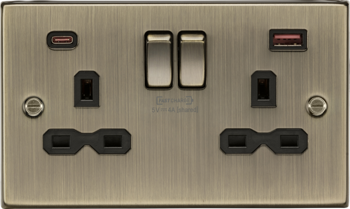 Knightsbridge CS9940AB 13A 2G DP Switched Socket with dual USB Charger A+C - Antique Brass