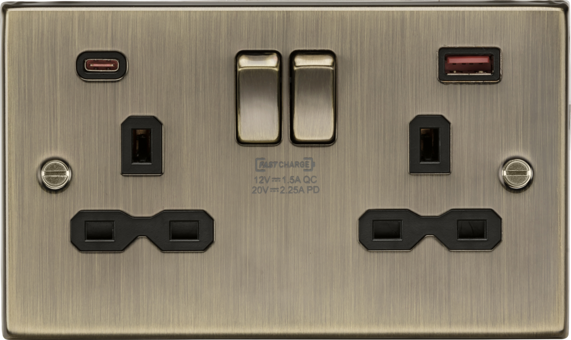 Knightsbridge CS9945AB 13A 2G DP Switched Socket with dual USB Charger A+C [45W FASTCHARGE] - Antique Brass