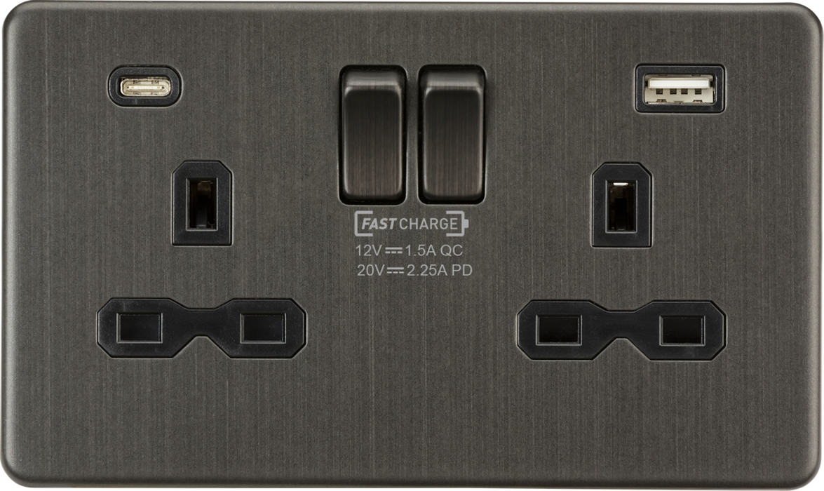 Knightsbridge SFR9945SB 13A 2G DP Switched Socket with Dual USB A+C 20V DC 2.25A (Max. 45W) - Smoked Bronze w/Black Insert