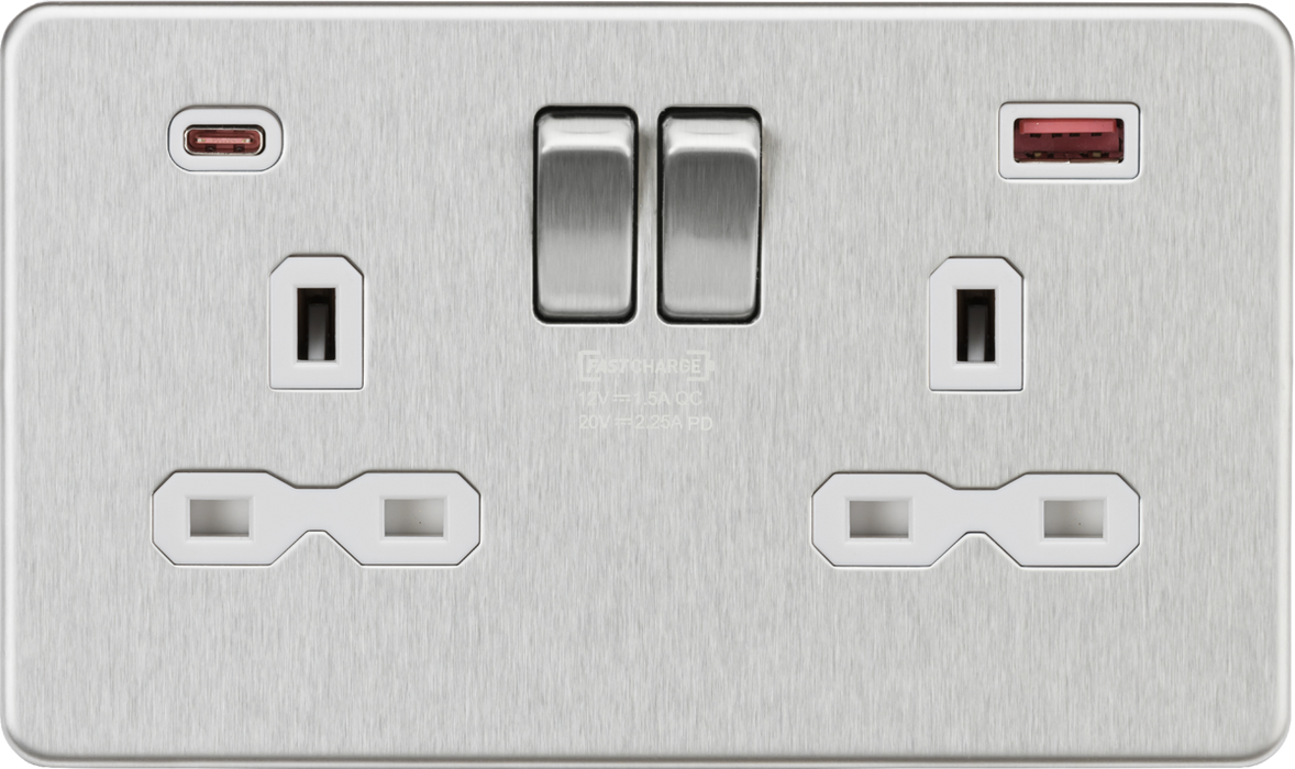 Knightsbridge SFR9945BCW 13A 2G DP Switched Socket with Dual USB A+C 20V DC 2.25A (Max. 45W) - Brushed Chrome w/White Insert