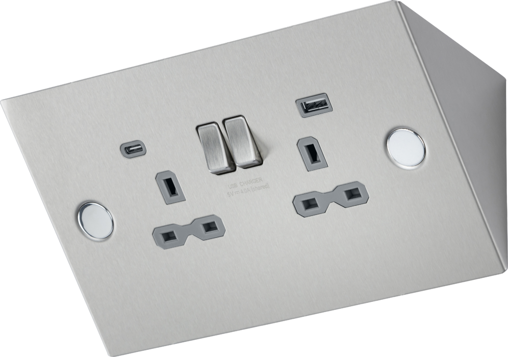 Knightsbridge SKR2 Under Cabinet 13A 2G Socket with Dual USB A+C [5V DC 4.0A shared] - Stainless Steel