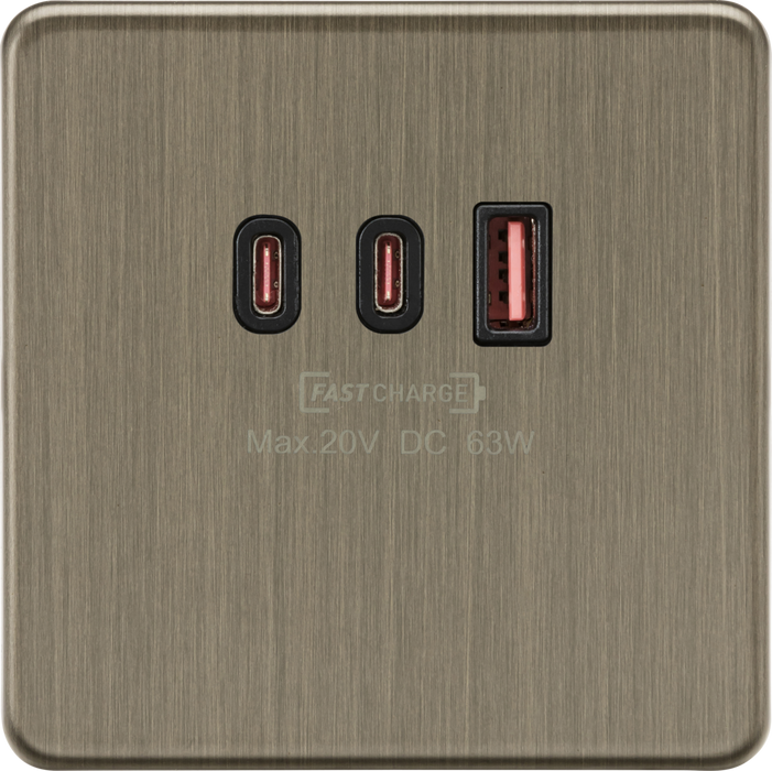 Knightsbridge SF63WAB 1G Dual USB-C and USB-A Charger Plate [20V DC 63W] - Antique Brass