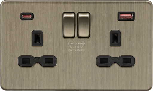 Knightsbridge SFR9945AB 13A 2G DP Switched Socket with Dual USB A+C 20V DC 2.25A (Max. 45W) - Antique Brass