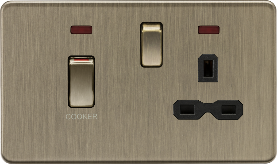 Knightsbridge SFR83MNAB 45A DP switch and 13A switched socket with neons - Antique Brass