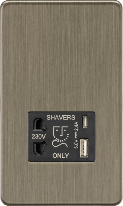 Knightsbridge SF8909AB Shaver socket with dual USB A+C (5V DC 2.4A shared) - Antique Brass