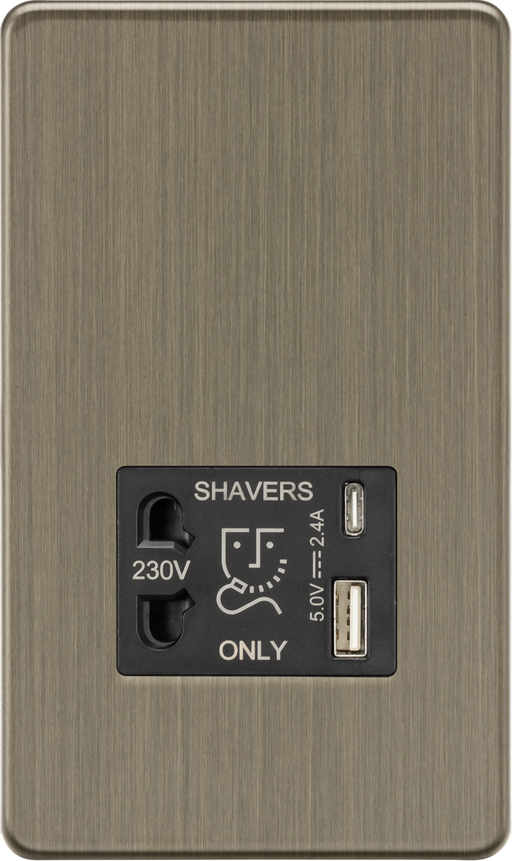 Knightsbridge SF8909AB Shaver socket with dual USB A+C (5V DC 2.4A shared) - Antique Brass