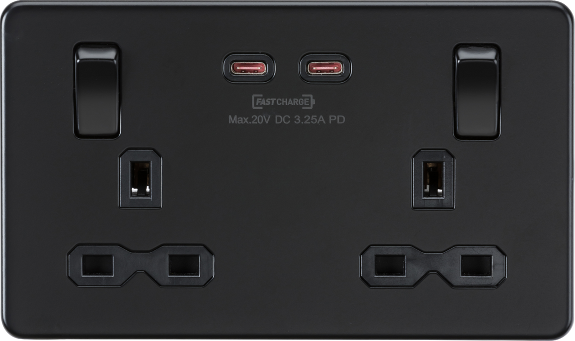 Knightsbridge SFR9965MBB 13A 2G DP Screwless Switched Socket with Dual USB-C [65W DUAL FASTCHARGE] - Matt Black