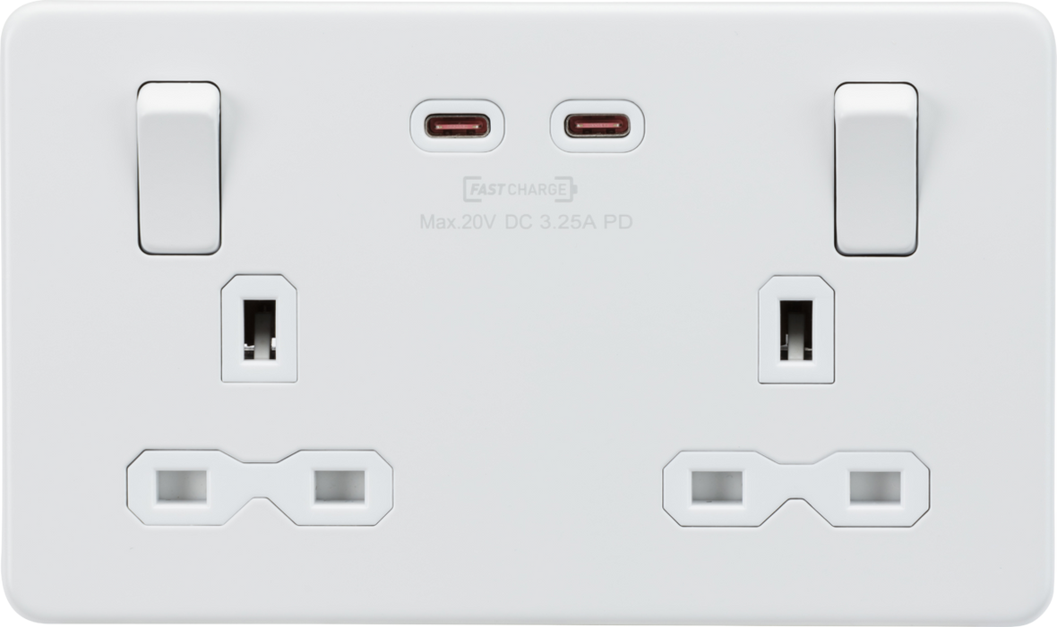 Knightsbridge SFR9965MW 13A 2G DP Screwless Switched Socket with Dual USB-C [65W DUAL FASTCHARGE] - Matt White