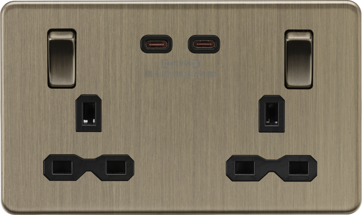 Knightsbridge SFR9965AB 13A 2G DP Screwless Switched Socket with Dual USB-C [65W DUAL FASTCHARGE] - Antique Brass