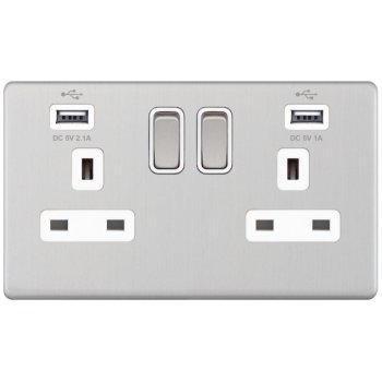 Selectric 5M-Plus Satin Chrome 2 Gang 13A Switched Socket with USB Outlet and White Insert