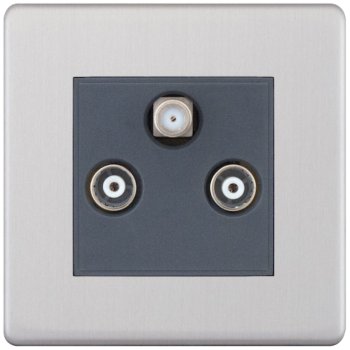 Selectric 5M-Plus Screwless Satin Chrome Triplex Sat/TV/FM Socket with Grey Insert