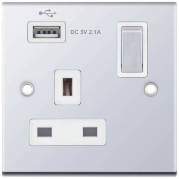 Selectric 5M Polished Chrome 1 Gang 13A Switched Socket with USB Outlet and White Insert