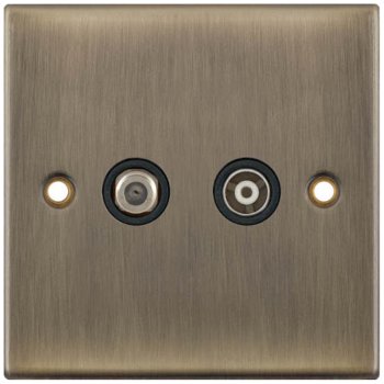 Selectric 5M Antique Brass 2 Gang Satellite and TV/FM Socket with Black Insert