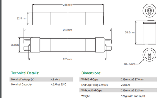 LitePlan 4.8V 4.5Ah NiCd Battery in Stick Formation with End Caps & Twin Socket Emergency Batteries liteplan - Easy Control Gear