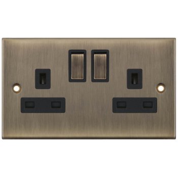 Selectric 5M Antique Brass 2 Gang 13A DP Switched Socket with Black Insert