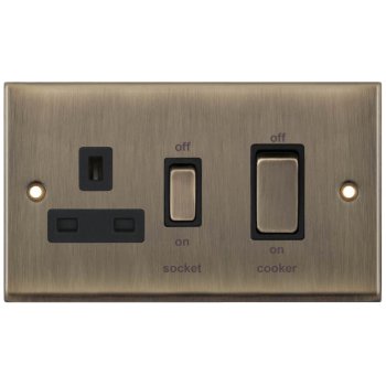 Selectric 7M-Pro Antique Brass 45A DP Switch and 13A Switched Socket with Black Insert