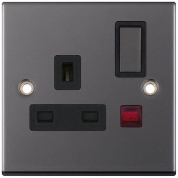 Selectric 5M Black Nickel 1 Gang 13A DP Switched Socket with Neon and Black Insert