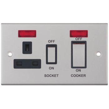 Selectric 5M Satin Chrome 45A DP Switch and 13A Switched Socket with Neon and Black Insert