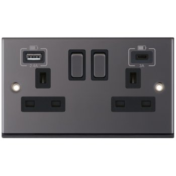 Selectric 7M-Pro Black Nickel 2 Gang 13A Switched Socket with USB C and A Outlets - Black Insert