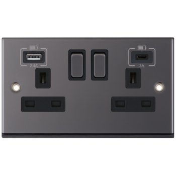 Selectric 7M-Pro Black Nickel 2 Gang 13A Switched Socket with USB C and A Outlets - Black Insert