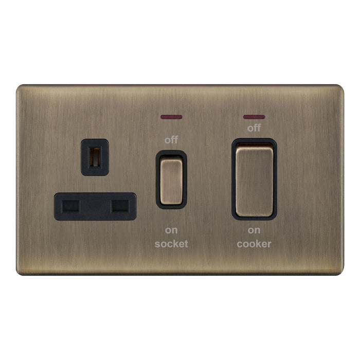 Selectric 5M-Plus Antique Brass Screwless 45 Amp Cooker Unit with 13 Amp Switched Socket & LED Neons